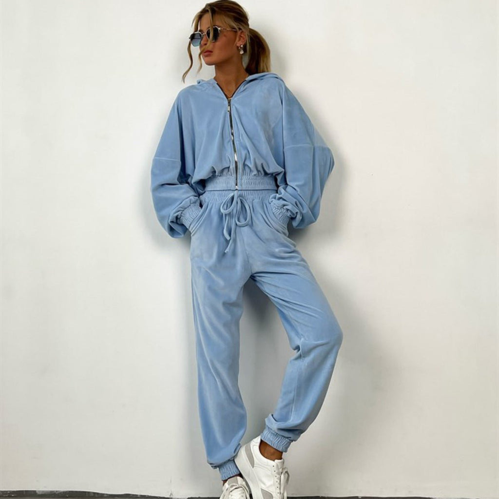 Solid Color Cardigan Hooded Trousers Women's Long-sleeved Fleese Suit - SNMShop