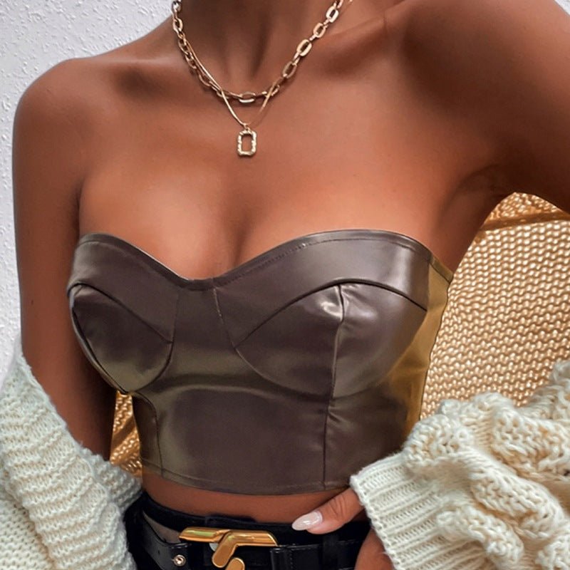 Solid Shiny Leather Chest Wrapped Short Navel Vest - SNMShop