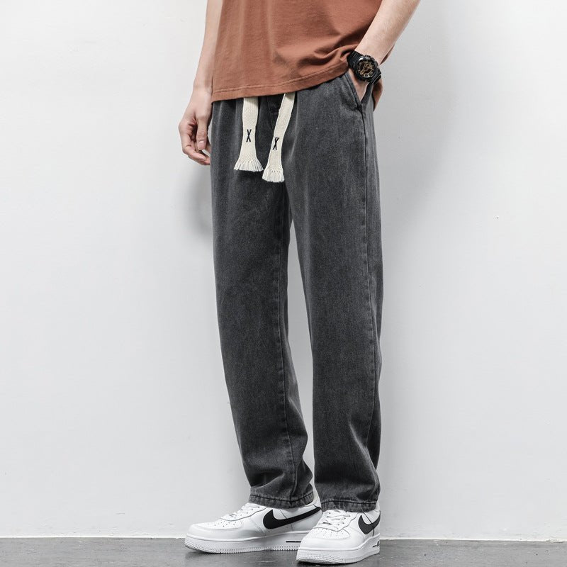 Summer Loose Wide Leg Jeans Pants Men Fashion Drawstring Elasticated Straight Trousers - SNMShop
