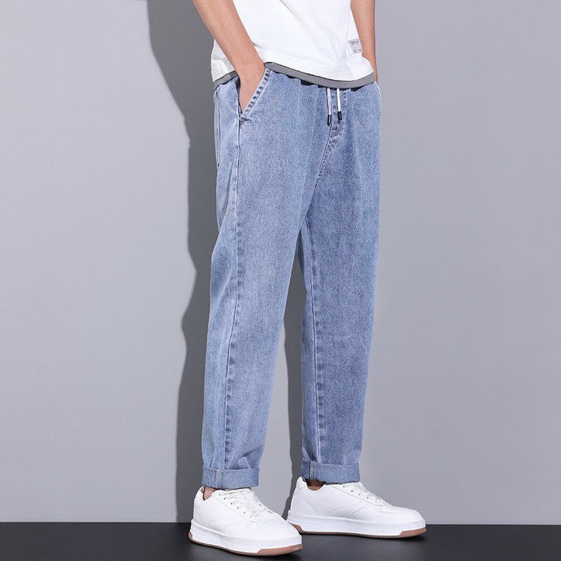 Summer Loose Wide Leg Jeans Pants Men Fashion Drawstring Elasticated Straight Trousers - SNMShop