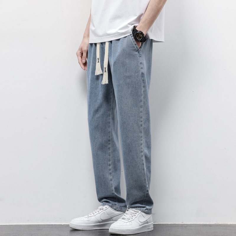 Summer Loose Wide Leg Jeans Pants Men Fashion Drawstring Elasticated Straight Trousers - SNMShop