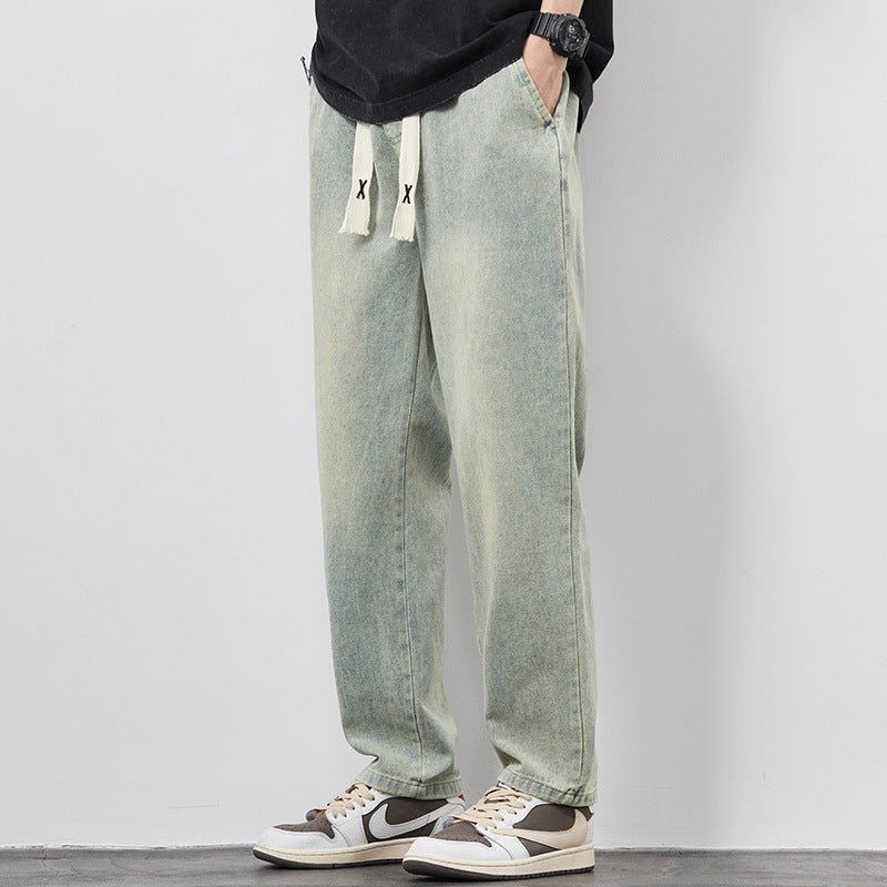 Summer Loose Wide Leg Jeans Pants Men Fashion Drawstring Elasticated Straight Trousers - SNMShop