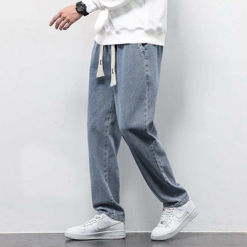 Summer Loose Wide Leg Jeans Pants Men Fashion Drawstring Elasticated Straight Trousers - SNMShop
