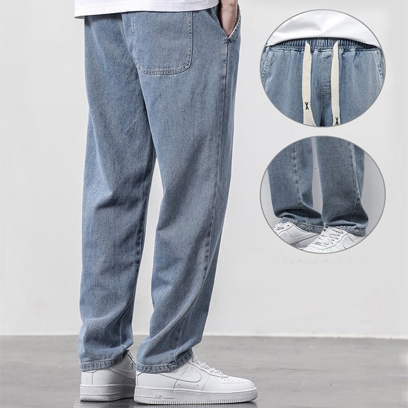 Summer Loose Wide Leg Jeans Pants Men Fashion Drawstring Elasticated Straight Trousers - SNMShop