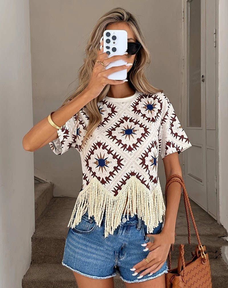 Travel Outfit Ethnic-style Tassel Outerwear For Travel Photos Bohemian Sanya Womens Short-sleeve T-shirt - SNMShop