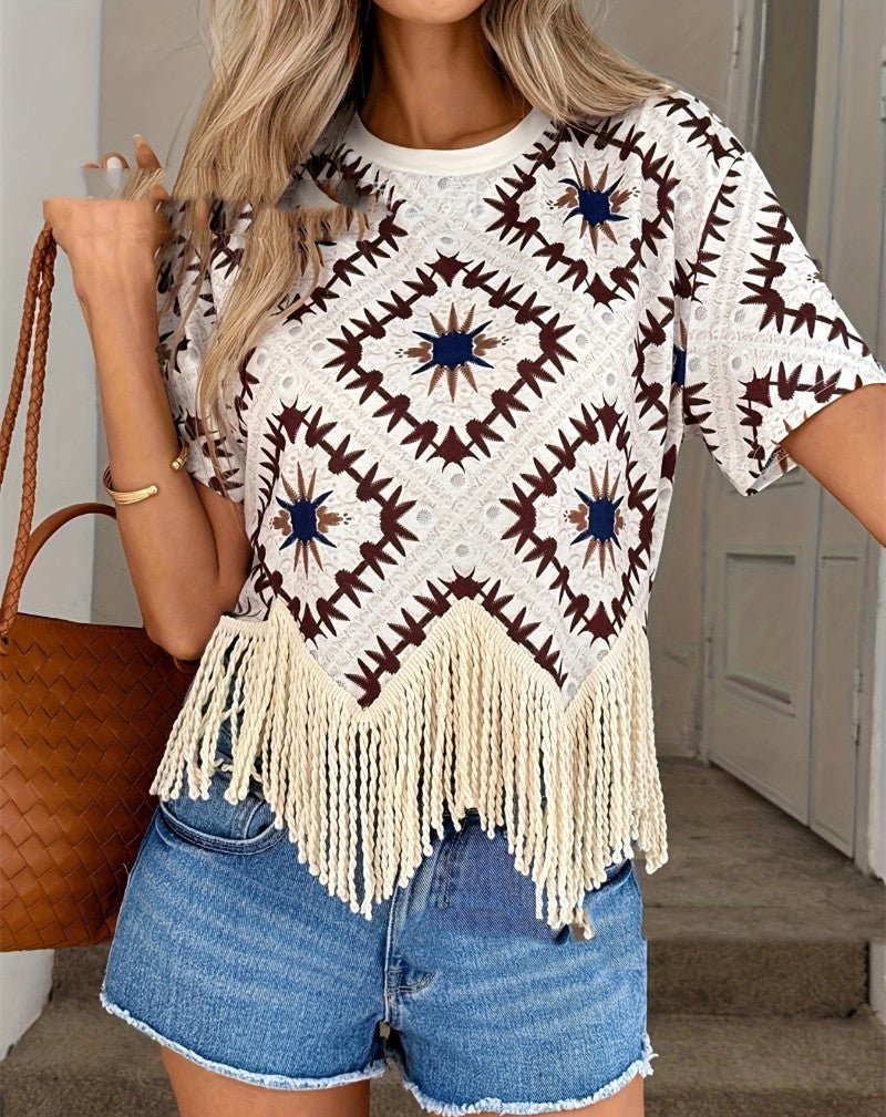 Travel Outfit Ethnic-style Tassel Outerwear For Travel Photos Bohemian Sanya Womens Short-sleeve T-shirt - SNMShop