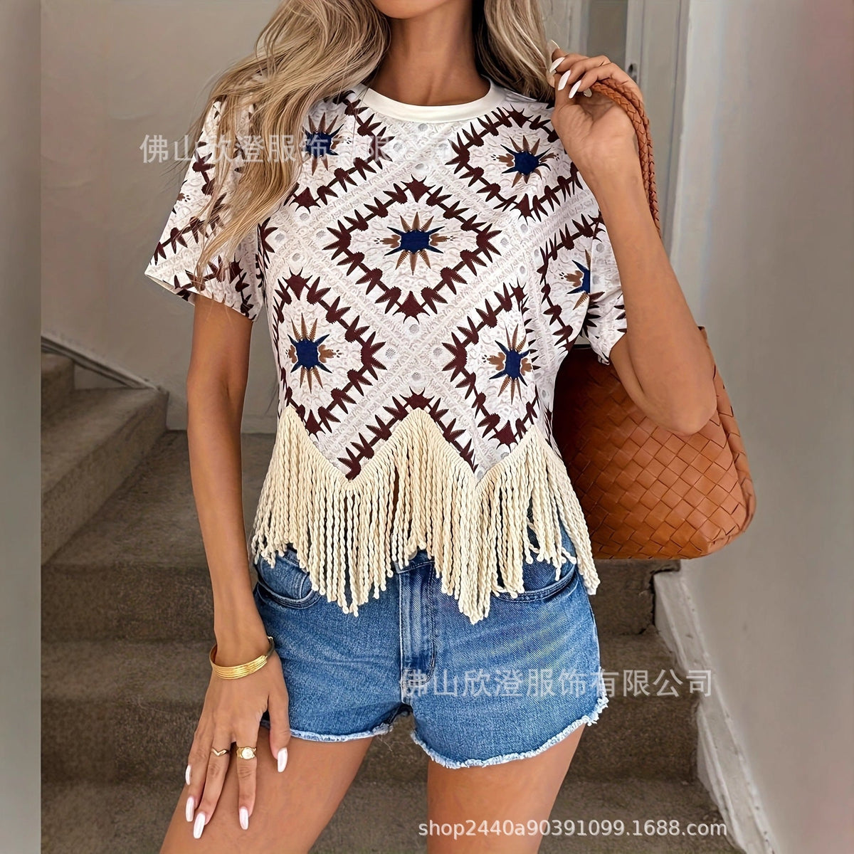 Travel Outfit Ethnic-style Tassel Outerwear For Travel Photos Bohemian Sanya Womens Short-sleeve T-shirt - SNMShop