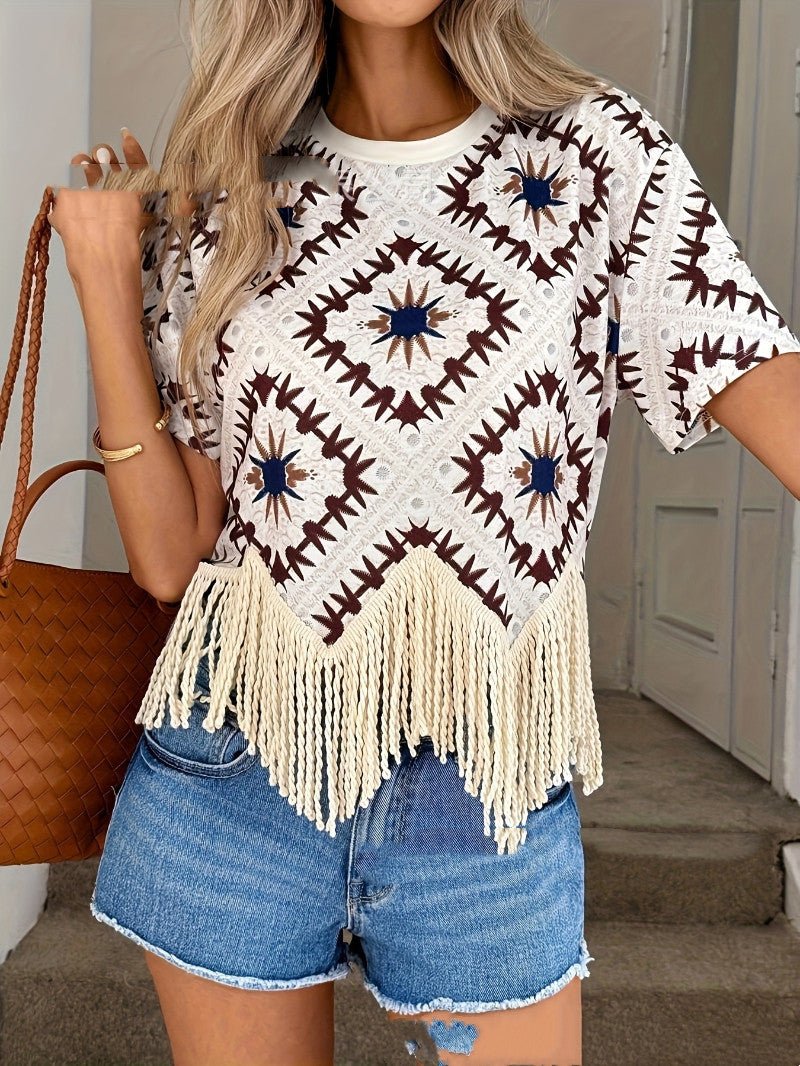 Travel Outfit Ethnic-style Tassel Outerwear For Travel Photos Bohemian Sanya Womens Short-sleeve T-shirt - SNMShop