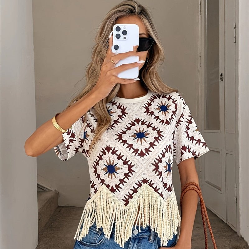 Travel Outfit Ethnic-style Tassel Outerwear For Travel Photos Bohemian Sanya Womens Short-sleeve T-shirt - SNMShop