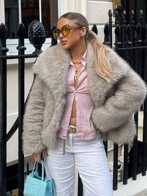 Winter Plush Coat Fashion Warm Thicken Fluffy Lapel Jacket Outwear Casual Long Sleeve Tops Womens Clothing - SNMShop