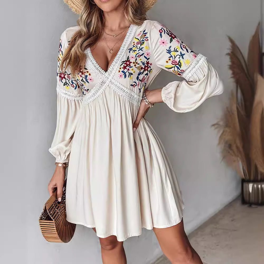 Women's Clothing Embroidered V-neck Casual Skirt - SNMShop
