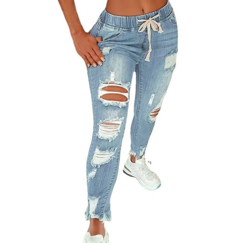 Womens Distressed Ripped Long Denim Pants High Rise Elastic Waist Drawstring Jeans - SNMShop