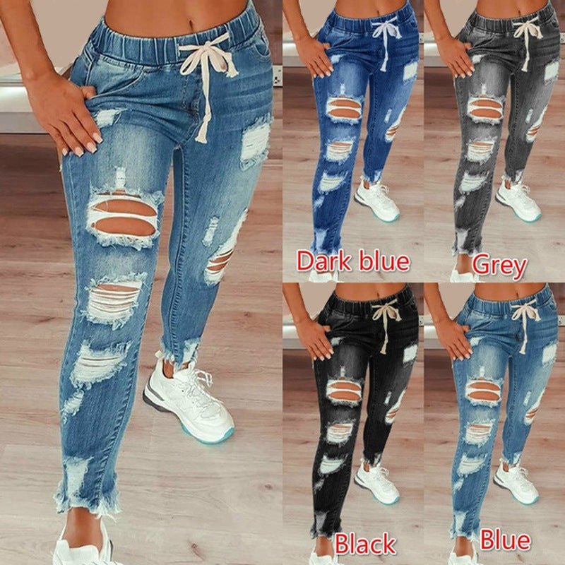 Womens Distressed Ripped Long Denim Pants High Rise Elastic Waist Drawstring Jeans - SNMShop