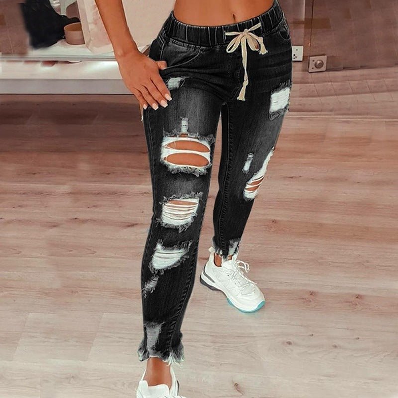 Womens Distressed Ripped Long Denim Pants High Rise Elastic Waist Drawstring Jeans - SNMShop