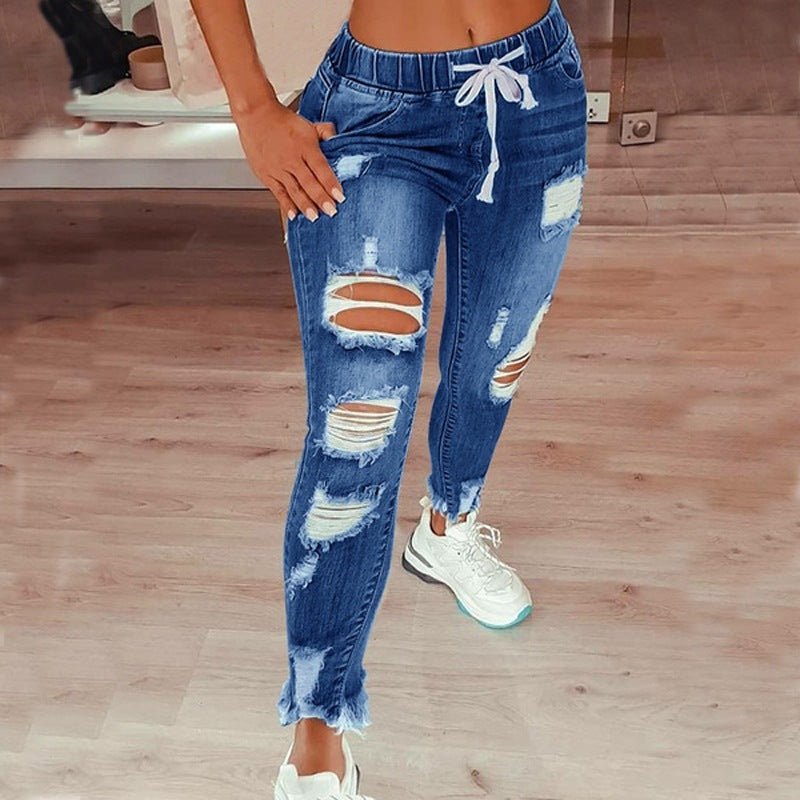 Womens Distressed Ripped Long Denim Pants High Rise Elastic Waist Drawstring Jeans - SNMShop