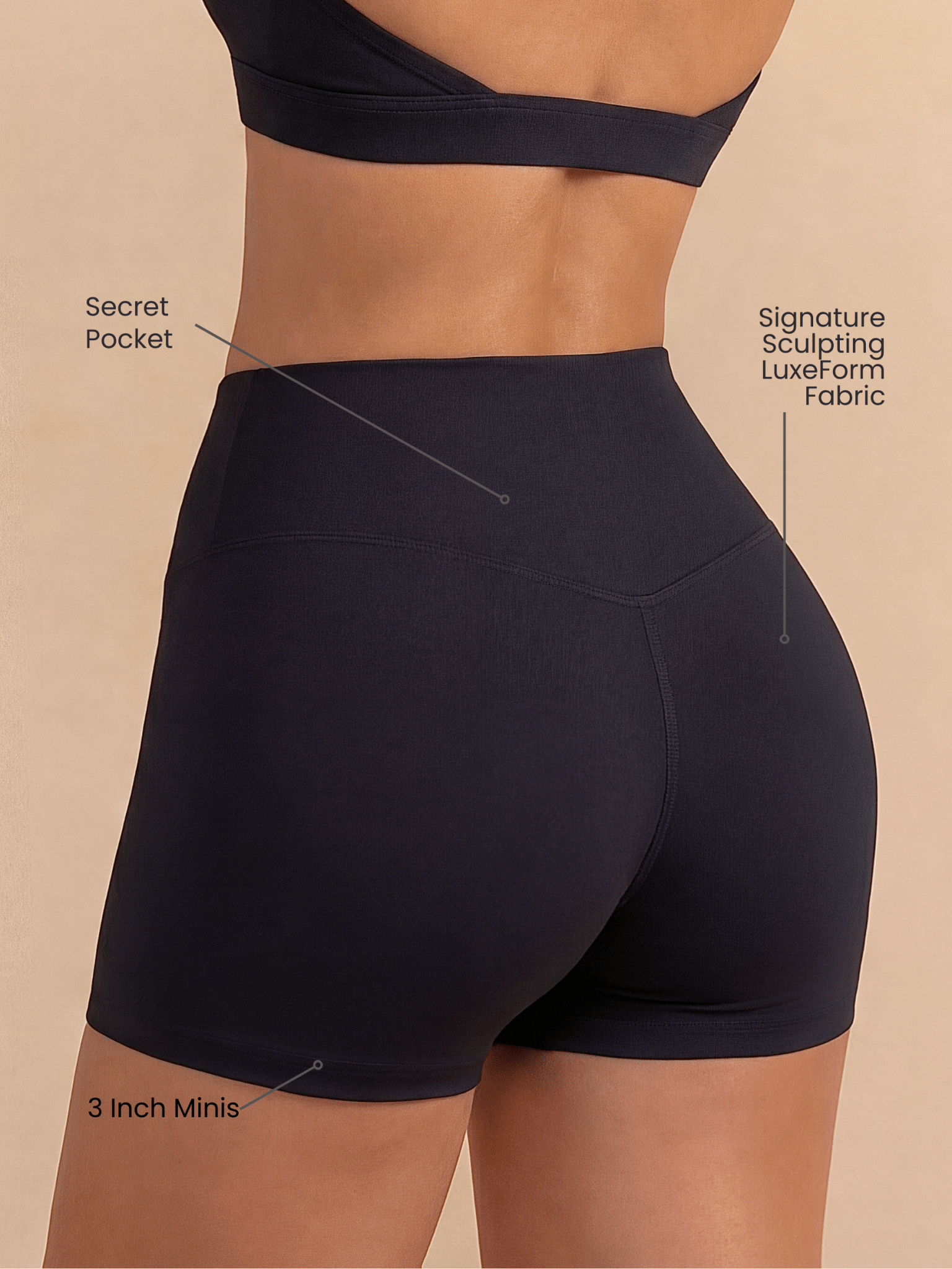 Women's Mini Sculpting Shorts 3 Inch - Black | Criss-Cross Waistband with Pocket - SNMShop