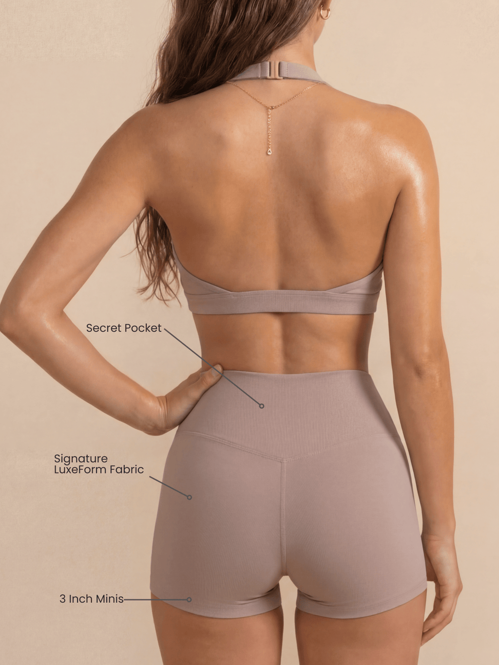Women's Mini Sculpting Shorts 3 Inch - Taupe | Criss-Cross Waistband with Pocket - SNMShop