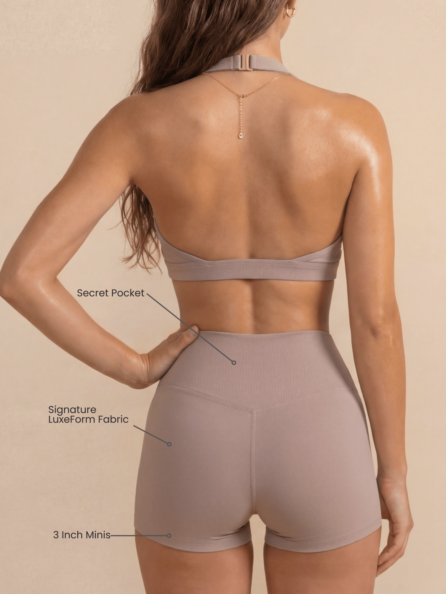 Women's Mini Sculpting Shorts 3 Inch - Taupe | Criss-Cross Waistband with Pocket - SNMShop