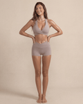 Women's Mini Sculpting Shorts 3 Inch - Taupe | Criss-Cross Waistband with Pocket - SNMShop