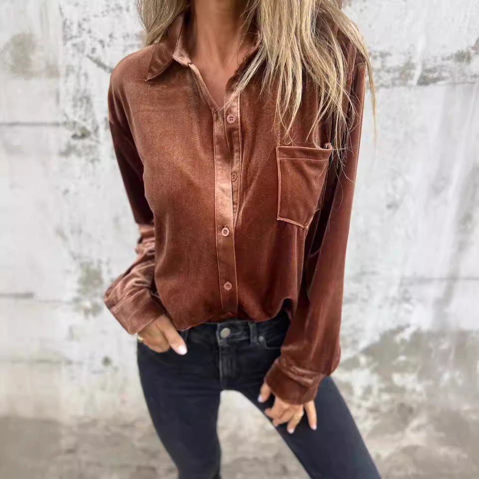 Women's Velvet Long-sleeved Single-breasted Shirt Casual Lapel Long Sleeve Solid Color Tops Daily Wear - SNMShop