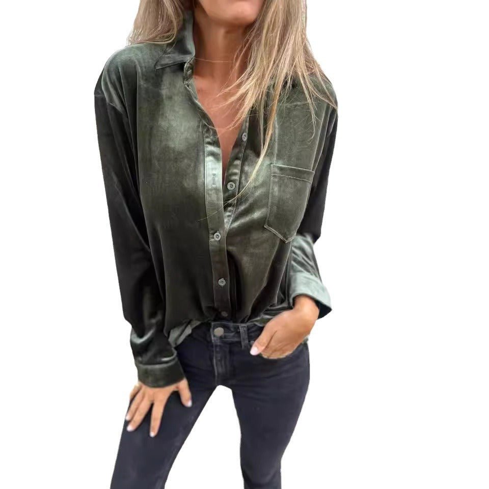 Women's Velvet Long-sleeved Single-breasted Shirt Casual Lapel Long Sleeve Solid Color Tops Daily Wear - SNMShop