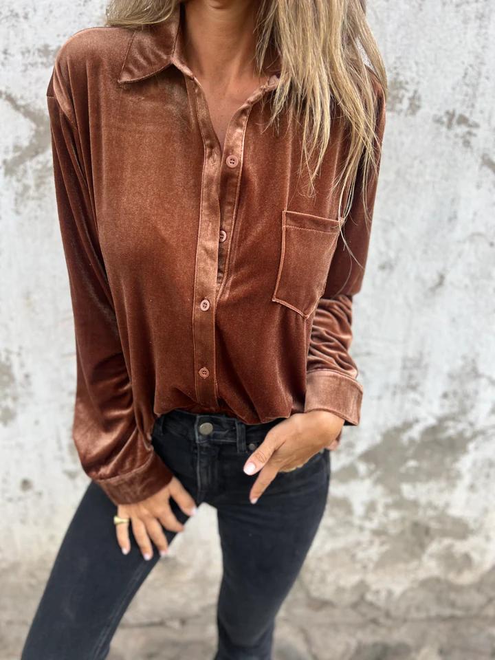 Women's Velvet Long-sleeved Single-breasted Shirt Casual Lapel Long Sleeve Solid Color Tops Daily Wear - SNMShop