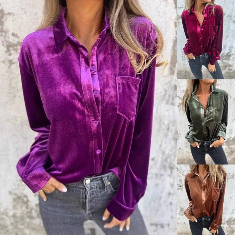 Women's Velvet Long-sleeved Single-breasted Shirt Casual Lapel Long Sleeve Solid Color Tops Daily Wear - SNMShop