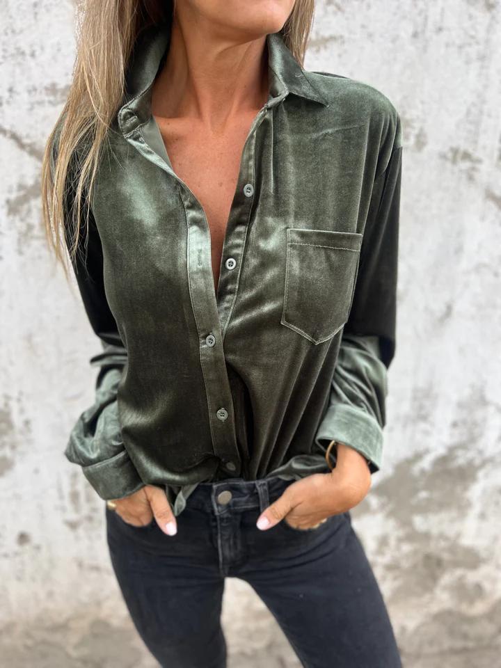 Women's Velvet Long-sleeved Single-breasted Shirt Casual Lapel Long Sleeve Solid Color Tops Daily Wear - SNMShop