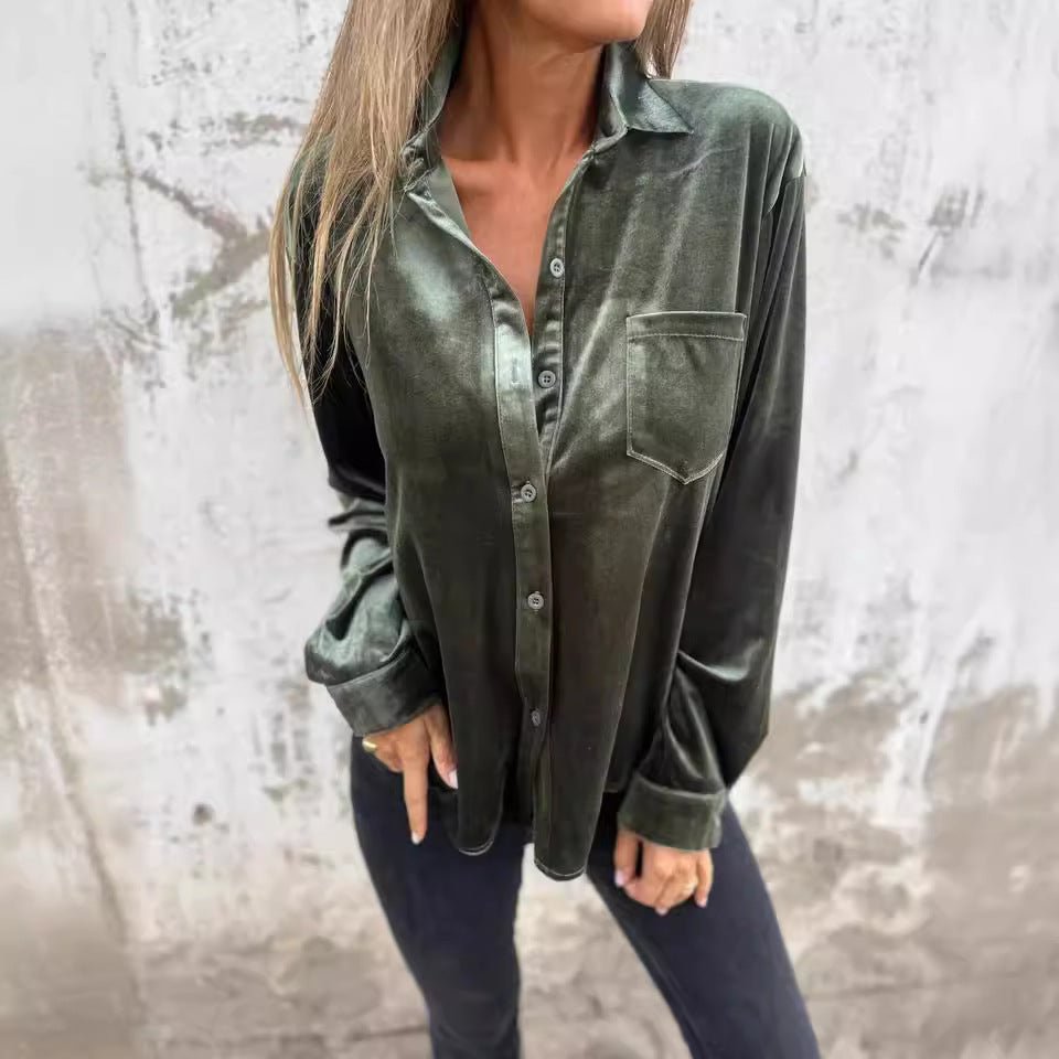 Women's Velvet Long-sleeved Single-breasted Shirt Casual Lapel Long Sleeve Solid Color Tops Daily Wear - SNMShop