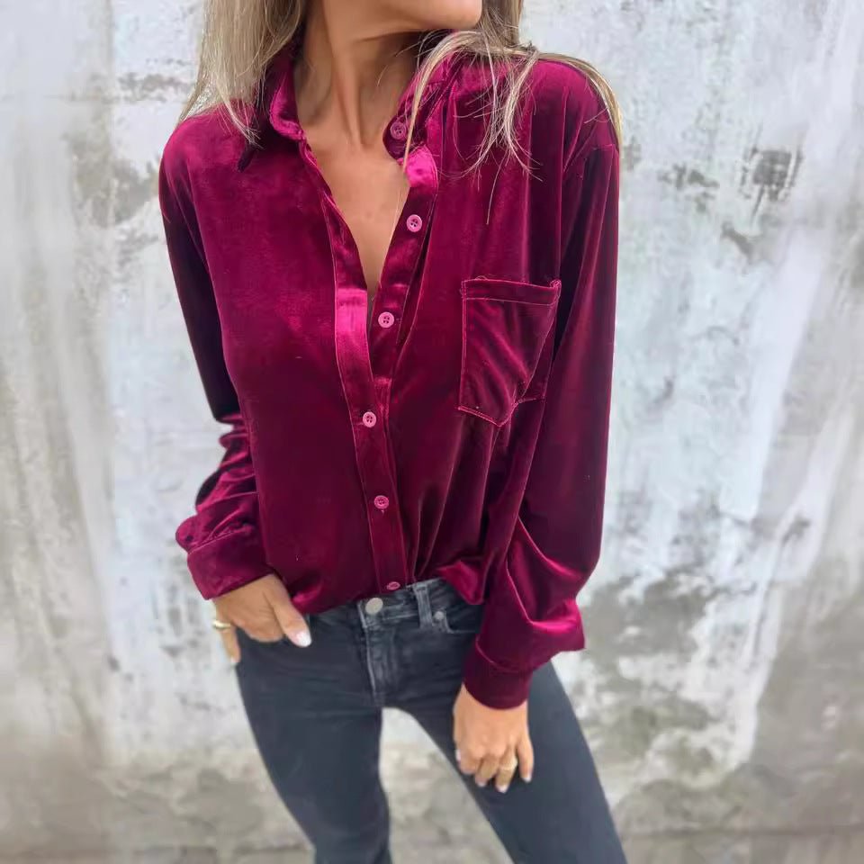 Women's Velvet Long-sleeved Single-breasted Shirt Casual Lapel Long Sleeve Solid Color Tops Daily Wear - SNMShop